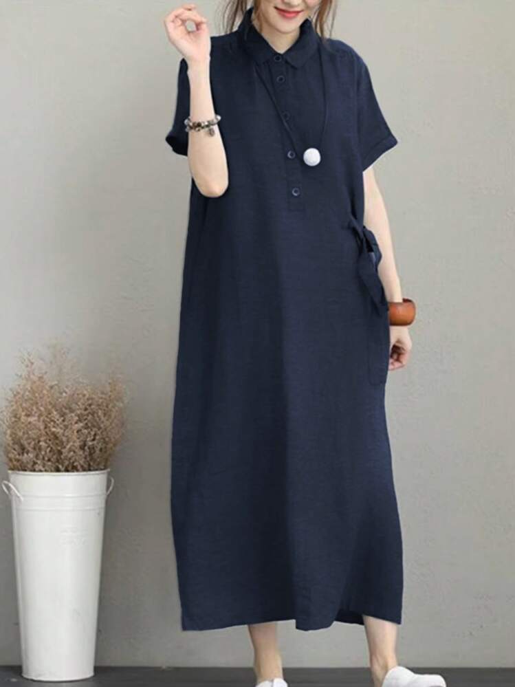 فستان بولو أكمام قصيرة فساتين نسائية فضفاضة منتصف الطول متأرجحة فساتين صيفية كاجوال متوسطة الطول مع جيوب - الأزرق - مشاهدة 4