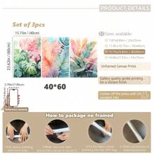 3 pièces/set, Peinture décorative encadrée suspendue sur canevas, affiche, art mural, ensemble d'art sur canevas aquarelle de feuilles tropicales, impressions vibrantes de Monstera et de palmiers, décoration murale de style bohème pour salon, chambre à coucher, bureau à domicile - Style moderne/classique, utilisation intérieure/extérieure, décoration de pièce