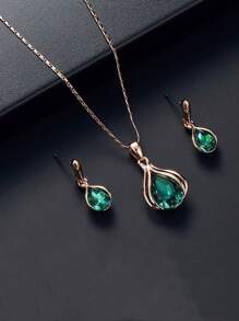 Elegant 3-Piece Jewelry Set For Women - Waterdrop Rhinestone Pendant Necklace And Hook Earrings Set - Blue - View 3