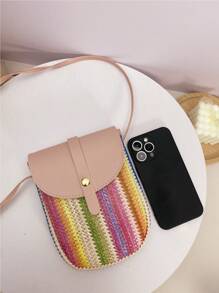 1pc Pink Diagonal Sling Bag, Bohemian Style Multicolor Rainbow Woven Crafted Phone Pouch, Mini Shoulder Bag Coin Purse, Suitable For Women/Girls, Spring/Summer, Casual, Student, Outdoor, Beach, Gift