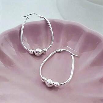 1 对银色 3 珠环形耳环，吊坠环形耳环，适合女性，精致耳环