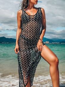 Women's Hollow-Out Knit See-Through Swimsuit Cover Up Dress For Beach/Resort - Black - View 2