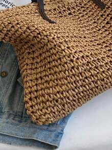 1 Pc New And Casual Summer Vacation Style With A Large Capacity Foldable Solid Color Woven Tote Bag For Women's Beach Bags Suitable For Outdoor Leisure Vacation&Seaside Travel&Tourism And Shopping - Khaki - View 12