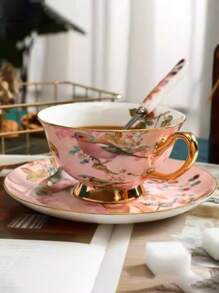 1 Set Of 6 Cups, 6 Plates, 6 Spoons (With Magpie Bird Spoons, Gold Cup Holder) & 1 Cup, 1 Plate, 1 Spoon Ceramic Tea Set, Trimmed With Gold Edges, Featured With Elegant Auspicious Bird Design, Suitable For Coffee, Dessert Plates, Vintage Afternoon Tea, Creative Minimalist Afternoon Tea Cup