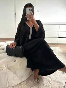 1 件女式水钻装饰连衣裙，闪亮金属时尚卡夫坦蝙蝠袖长裙，百搭，可搭配头巾、端庄长袍 Abaya 的日常造型