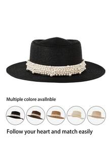 1pc Elegant Bohemian Solid Beaded & Pearl Decor UV Protection Round Top Straw Sun Hat, Fashion & Versatile For All Seasons - Straw Hat - View 1