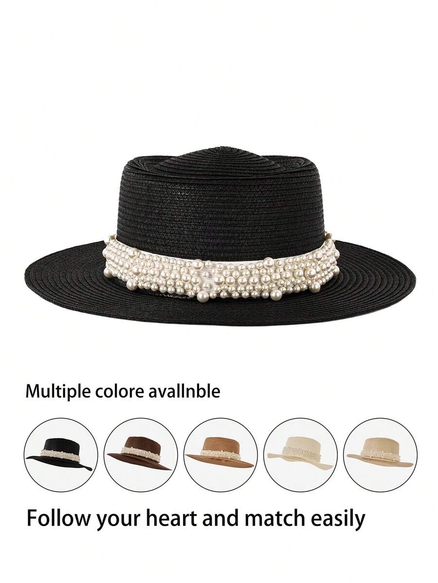 1pc Elegant Bohemian Solid Beaded & Pearl Decor UV Protection Round Top Straw Sun Hat, Fashion & Versatile For All Seasons - Straw Hat - View 1
