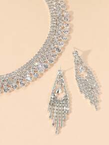 1pc Women Fully Rhinestoned Necklace & 1 Pair Fully Rhinestoned Tassel Earrings, 2Pcs Jewelry Set, Versatile Accessory For Evening Dress