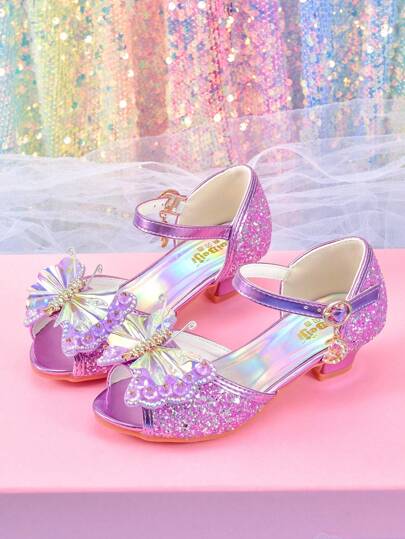 Girls' Fashion Crystal High Heel Shoes With Bow, Princess Shoes For Students