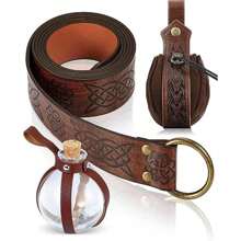 3pcs Viking Leather Waist Belt Pouch Set, Medieval Style Bottle Costume Accessories Viking Belt Kit, With Bottle For Viking Warrior Cosplay Halloween Costume Props Prom - Brown - View 4