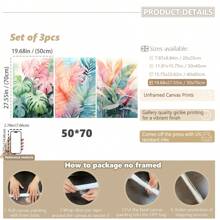 3 pièces/set, Peinture décorative encadrée suspendue sur canevas, affiche, art mural, ensemble d'art sur canevas aquarelle de feuilles tropicales, impressions vibrantes de Monstera et de palmiers, décoration murale de style bohème pour salon, chambre à coucher, bureau à domicile - Style moderne/classique, utilisation intérieure/extérieure, décoration de pièce