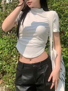 女士夏季纯色立领短袖休闲T恤 白色 - 白色 - 查看 5