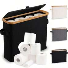 1pc Toilet Paper Storage Basket With Lid, Toilet Paper Organizer For Bathroom, Bamboo Toilet Paper Storage Holder Stand Free Standing With Handle, Enclosed Toilet Paper Tissue Storage Bin Container Bathroom Decor Summer