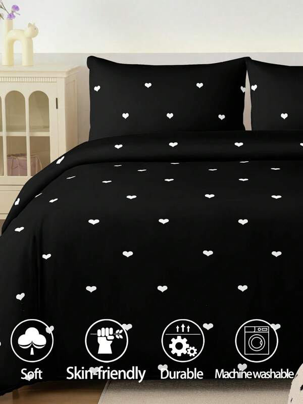 2/3pcs/Set Black Love Heart-Shaped Pattern Duvet Cover Set Easy Care Microfiber Soft Bedding Set Soft Breatheable Wrinkle-Free Better For Sleep, Luxury Hotel Style, Gift For Mom Dad Friend, Quilt Comforter Duvet Cover*1 Pillowcase*1/2 King Queen Full Twin Size Valentine's Day Domitory Bedding Back School Bedding