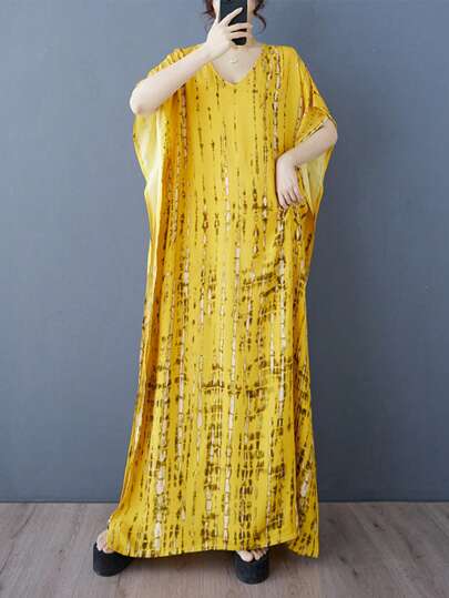 一件式连衣裙，女士大码内搭睡衣，2025夏季新款波西米亚度假沙滩装，上衣，女士连衣裙，V领印花条纹宽松优雅连衣裙，休闲印花