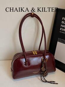 1 件 CHAIKA & KILTER 女士亮面 PU 皮革单肩包，时尚大容量保龄球包，配有双手柄和拉链开合，适合日常和外出（随吊坠出售）