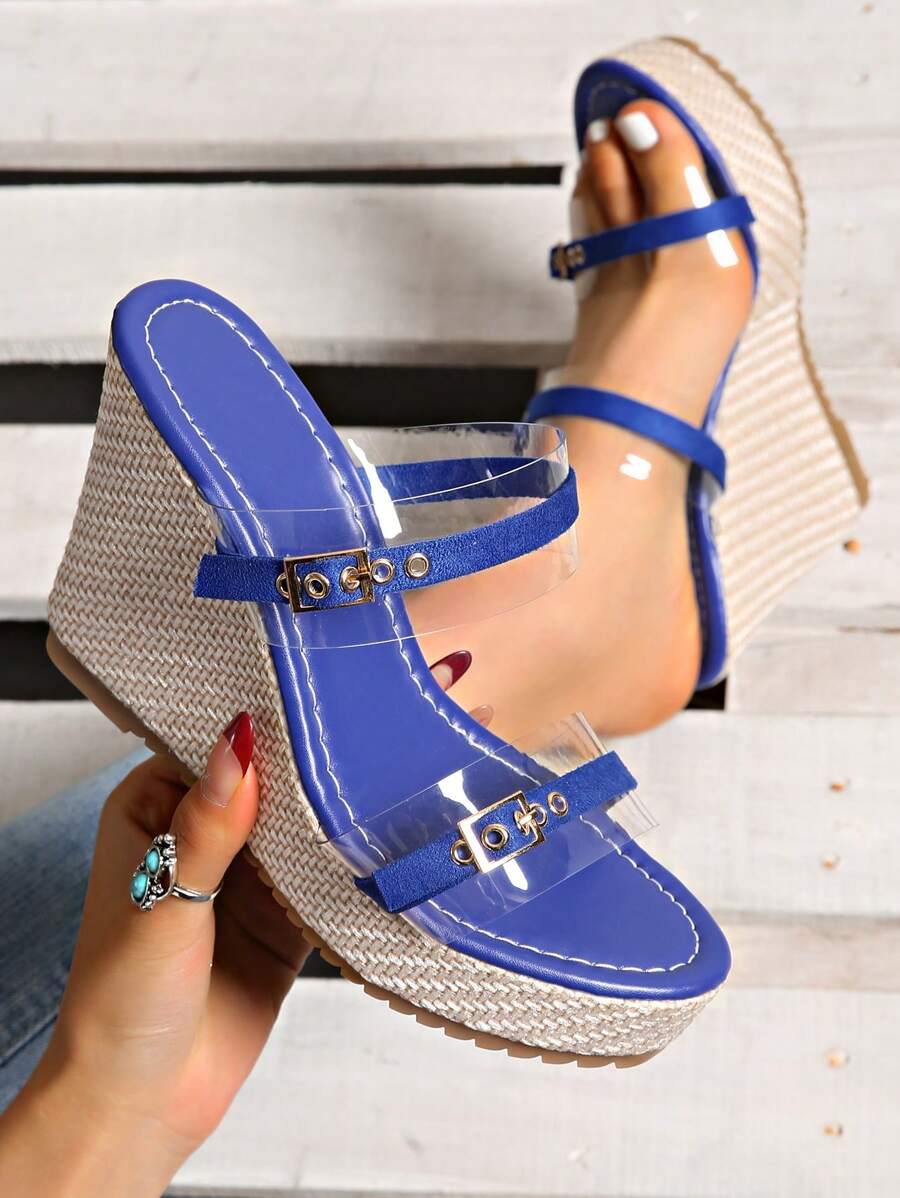 1 双女士新款厚底坡跟凉鞋 - 藍色 - 查看 1