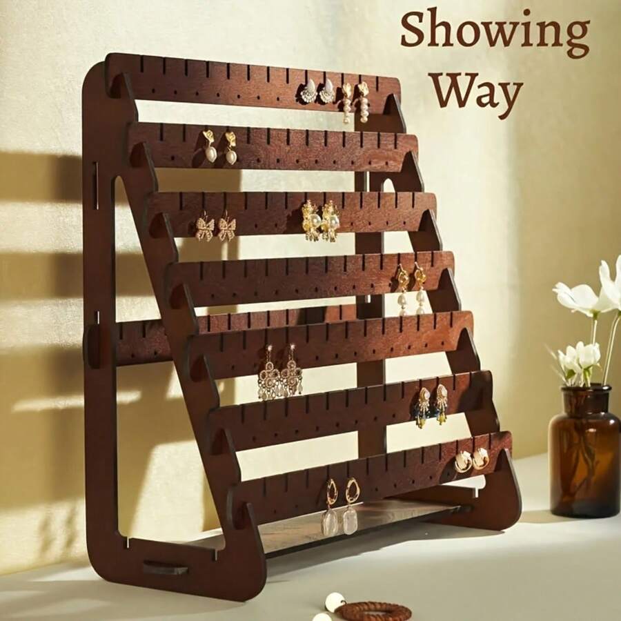Wooden Earring Case - Textured Triangle Jewelry Tower With 8 Slats And Multiple Grooves And Holes - Elegant Storage For Hook And Stud Earrings, Ideal For Home And Shop Use, No Electricity Required, Jewelry Towers