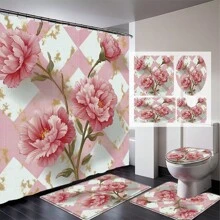 Juego de 1/4 cortinas de ducha para el Día de la Madre, con flores brillantes, para el Día del Presidente, lluvia de primavera, impermeables, estampados con estilo y funcionales, para decoración del hogar, para cada baño, ducha y bañera, con 12 ganchos y tapete de baño lavable a máquina, multiestilo