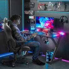 HLONONE Gaming Tisch mit LED, Gaming Schreibtisch , Stabiler Computertisch mit Kohlefaserbeschichtung, Gamer Tisch mit Getränkehalter und Kopfhörerhaken, Schwarz - Schwarz - Übersicht 3