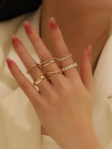 6 件金色百搭戒指，奢华水钻装饰指环，女士珠宝 - 金黃色 - 查看 6