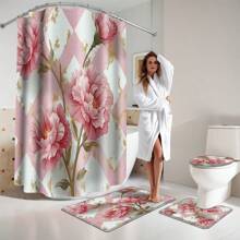 Juego de 1/4 cortinas de ducha para el Día de la Madre, con flores brillantes, para el Día del Presidente, lluvia de primavera, impermeables, estampados con estilo y funcionales, para decoración del hogar, para cada baño, ducha y bañera, con 12 ganchos y tapete de baño lavable a máquina, multiestilo