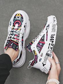 Men's Fashion Random Graffiti Pattern Front Lace-Up Comfortable Round Toe Casual Sneakers, Lightweight Versatile Outdoor Teens & Couples Chunky Sneakers - White and Yellow - View 8