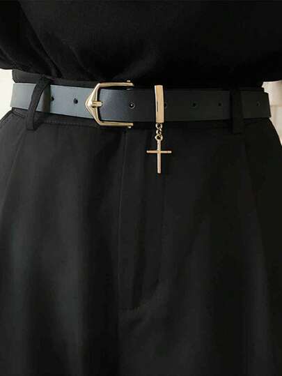 1pc Cross Pendant Casual PU Leather Belt, Versatile Everyday Belt Accessory, For All Seasons Summer, School Fall, Autumn, Halloween Autumn-Winter Accessories,Suitable For Teens, Youth,Men,Casual, Outdoor, Athletic, Vacation, Graduation Gifts, Birthday, Daily Wear