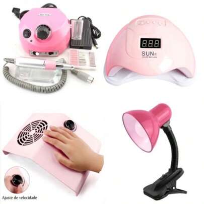 LINDO Kit Unha Gel Manicure Profissional Cabine Sun 5 + Lixadeira Motor Porquinho+Coletor De Pó Dede 1 cooler+Luminaria