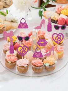 24pcs/Set Glitter Pink High Heels, Handbag, Lipstick, Glasses, Bowknot Cupcake Toppers For Women Birthday Party, Princess Cupcake Decorations, Cake Toppers