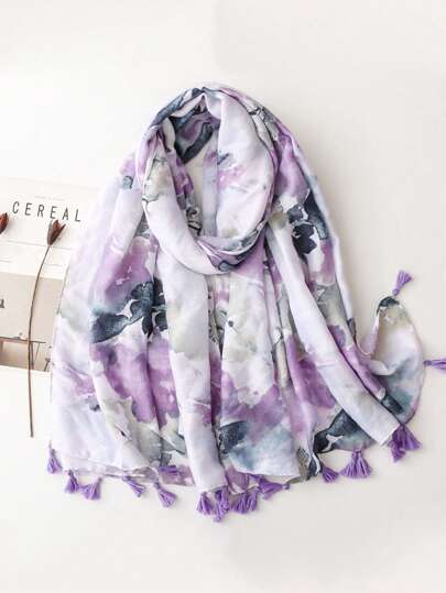 1pc Women Mysterious Print Tassel Long Scarf, Elegant Retro Boho Beach Accessories Watercolor Painting Style Shawl, Casual Sunscreen Beach Wrap, Multi-Use Head Scarf, Spring/Summer For Dress