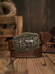 1pc Men's Bohemian Western Cowboy Style Buckle Belt, Vintage Dark Brown Pu Casual, Business, Boyfriend Husband Father Dad Men Gift, Daily Wear, Fashion, Teen, Outdoor, Vacation, Athletic, Travel, Street, Boho, Vintage Fall, Autumn, Halloween Autumn-Winter Accessories, Suitable For Teens, Youth, Men, Casual, Outdoor, Athletic, Vacation, Graduation Gifts, Birthday, Daily Wear - As Shown - View 10