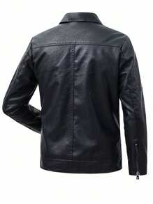 Non-Stretch Regular Fit Men's Casual Hooded Leather Jacket With Zipper, Solid Color, Polyester Fiber, Pockets - GSON Style