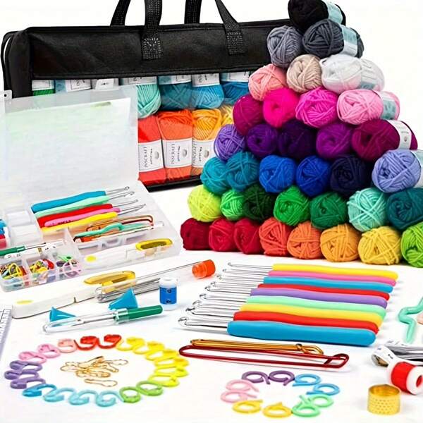 113 Beginner Crochet Tool Set, Including Crochet Thread And Needle, Ergonomic Portable Crochet Set, Beginner Crochet Teaching Guide, Video Tutorial (Some Accessories Come In Random Colors)