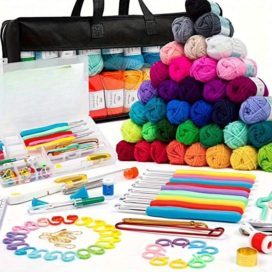 113 Beginner Crochet Tool Set, Including Crochet Thread And Needle, Ergonomic Portable Crochet Set, Beginner Crochet Teaching Guide, Video Tutorial (Some Accessories Come In Random Colors)