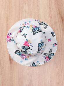 Baby Girl Ruffle Strap Ruffle Hem Floral & Butterfly Print Dress + Casual Hat Set - White - View 5