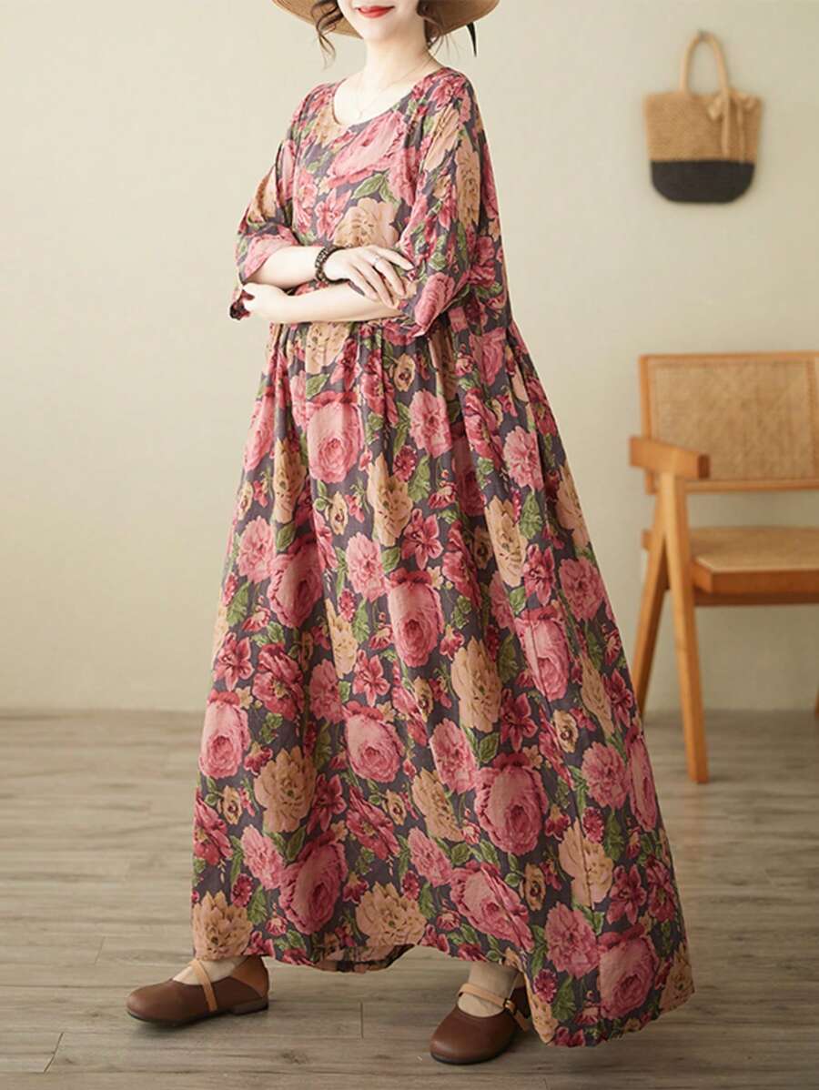 上衣，中国春节，2026 女装，女士加大码睡衣内衬，夏季新款波西米亚休闲度假优雅沙滩装，圆领短袖印花宽松连衣裙，