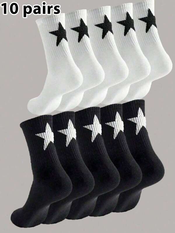 10 Pairs Unisex Personalized Street Style Black & White Pentagram Design Casual Comfortable Breathable Mid-Calf Socks