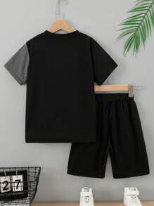Tween Boy Casual Color Block Patchwork Short Sleeve Top And Shorts Set, Suitable For Summer - Black - View 2