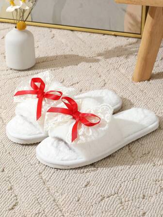 女士毛绒蝴蝶结拖鞋，轻便柔软鞋底安静室内卧室孕妇毛绒拖鞋，四季皆宜