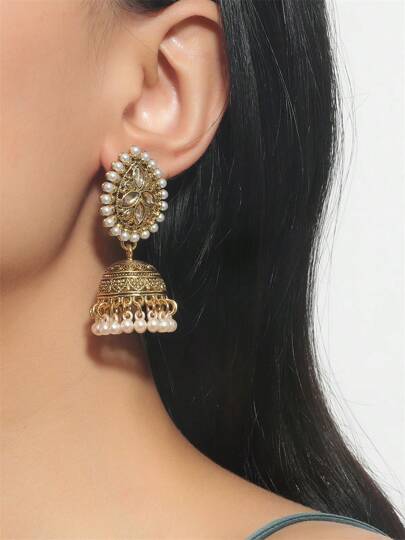 1 Pair Vintage Teardrop Faux Pearl & Rhinestone Tassel Alloy Bell Dangle Earrings For Women