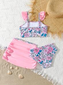 Set de 3 piezas de traje de baño floral para niñas para nadar, actividades al aire libre y ocio - Rosa vieja - Ver 3