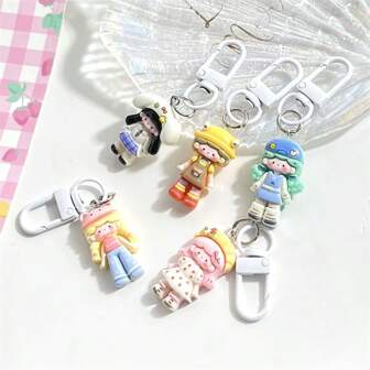 5pcs Cute Kawaii Girl Keychain, Fun Cartoon Charm Keyring Pendant, Couples/BFF Gift, Student Accessory Car Accessories Bag Charm Backpack For School Goth Y2k