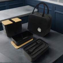 1 Set Bento Box With Utensils, Insulated Bag, Meal Prep Container, Lunch Box Set, Adult Lunch Box, Women's Insulated Bag, Japanese Bento Box, Snack Container, Reusable, Travel Essential, Suitable For School, Work, Outdoor Activities - Black and White - View 9