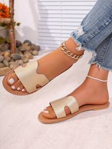 Women's Gold Flat Sandals, Classic H Design Open Toe Hollow Out Slip On Shoes For Casual Vacation Beach - Gold - View 6