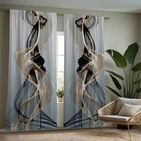 2 piezas Diseño moderno y artístico con líneas estilizadas, elegante en gris, blanco y dorado, onda minimalista con impresión digital 3D, cortinas universales para sala de estar, dormitorio y estudio, creando una atmósfera refinada y cómoda