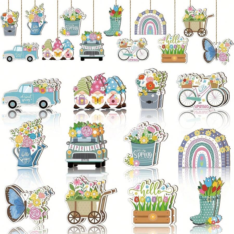 24pcs Wooden Easter Decorations, Vintage Spring Easter Decor Rabbit, Carrot, Chick, Butterfly, Flower, Truck Shape Ornaments With Hanging Ropes For Party Gifts Birthday Graduation