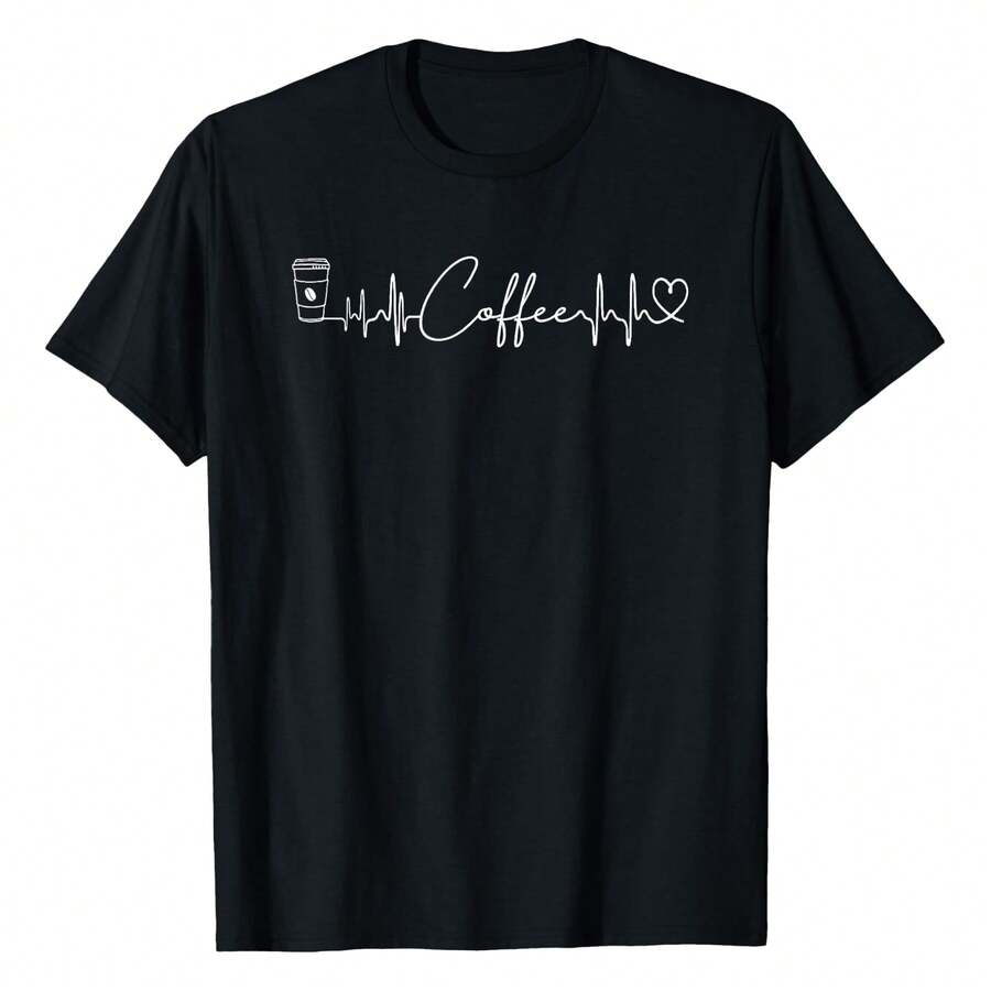 Women Coffee Graphic Heartbeat Lifeline Cup Espresso Coffee T-Shirt Women's Plus Size Graphic Tee - 黑色 - 查看 1