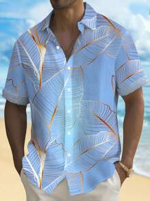 Hawaiian Leaf Ombre Print Men's Button Pocket Short Sleeve Shirt - Green - View 1