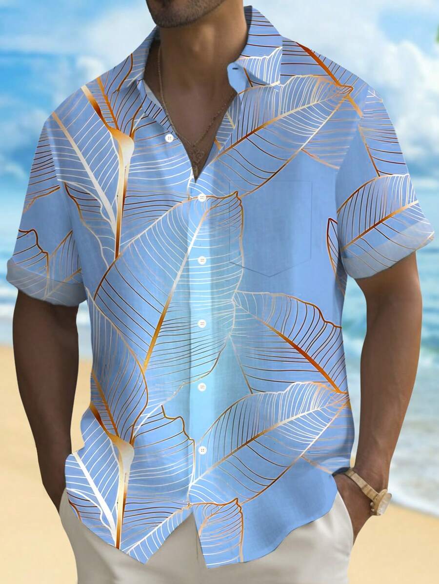 Hawaiian Leaf Ombre Print Men's Button Pocket Short Sleeve Shirt - Green - View 1